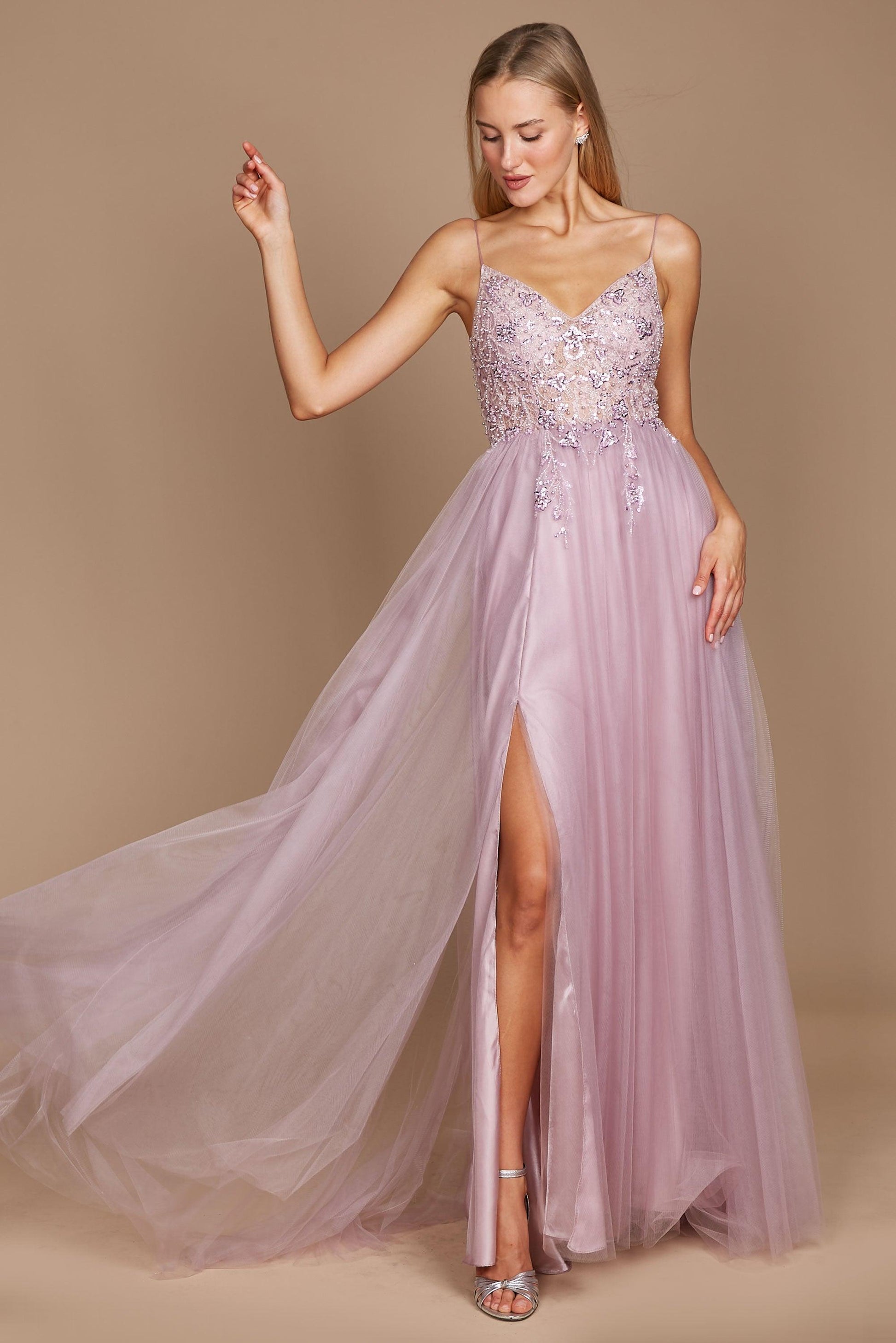 Long Jeweled Hand Beaded Tulle Prom Dress