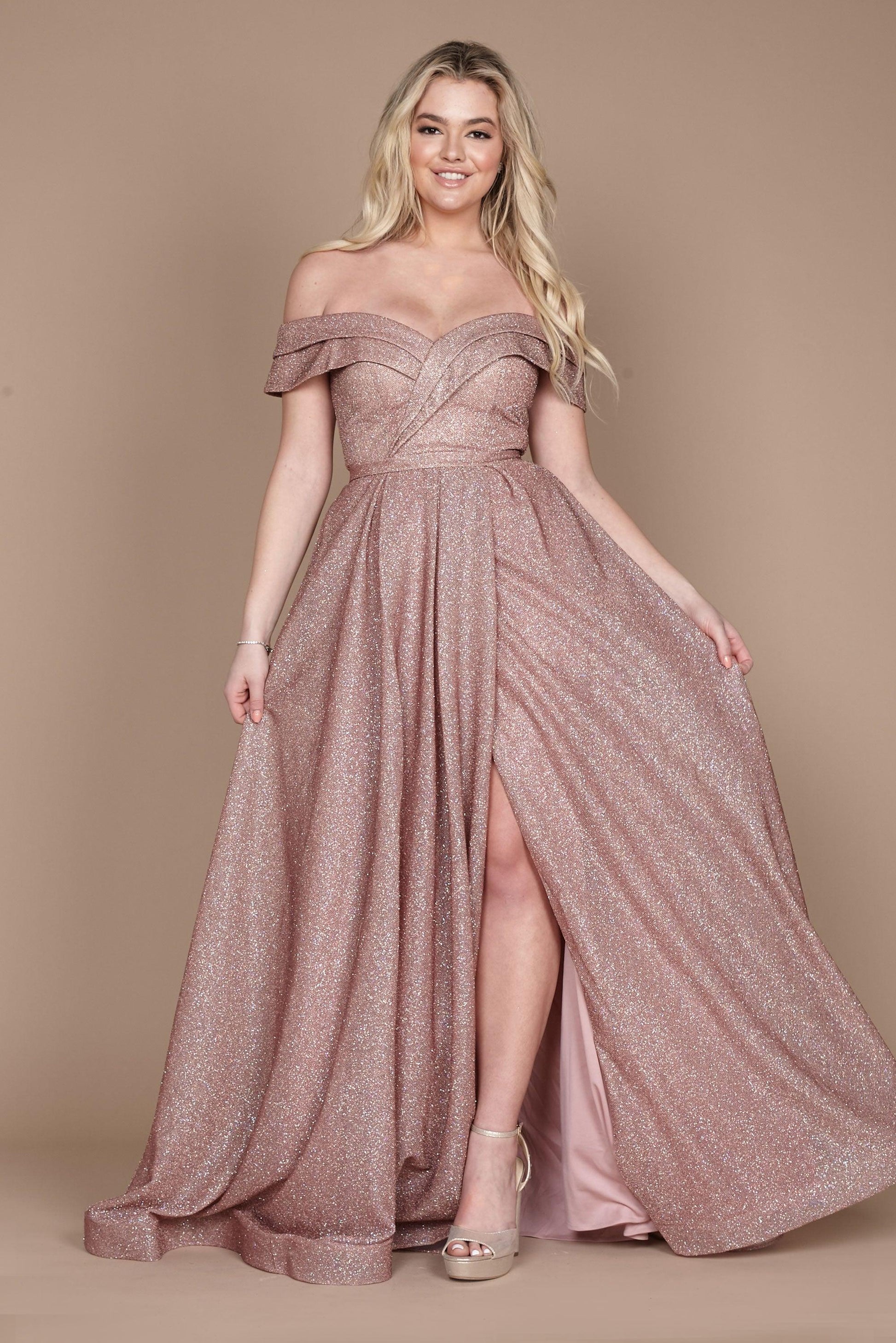 Long Off Shoulder Glitter Prom Dress