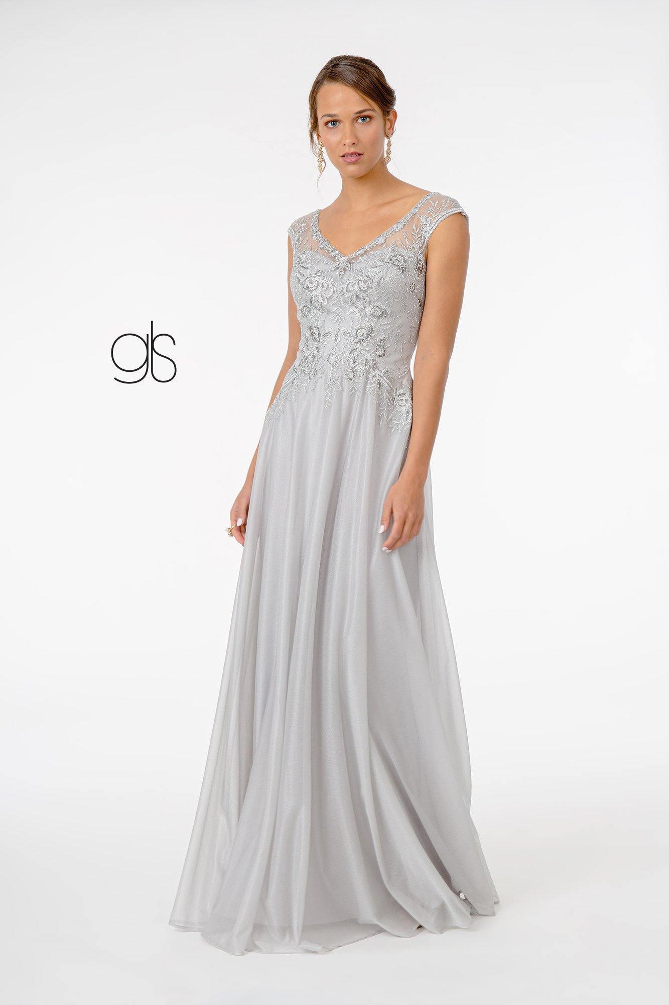 Silver Embroidered Bodice V-Neck Long Formal Dress Sale The