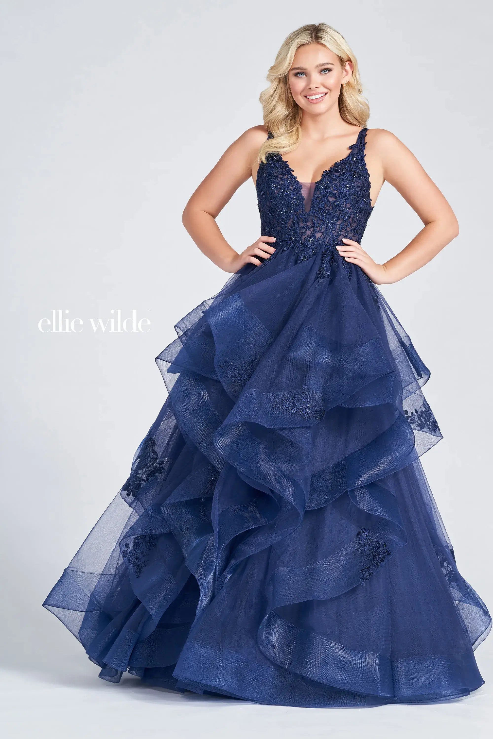 Navy Blue Ellie Wilde EW122080 Prom Long Dress Tiered Ball Gown Prom navy-blue-ellie-wilde-ew122080-prom-long-dress-tiered-ball-gown-prom