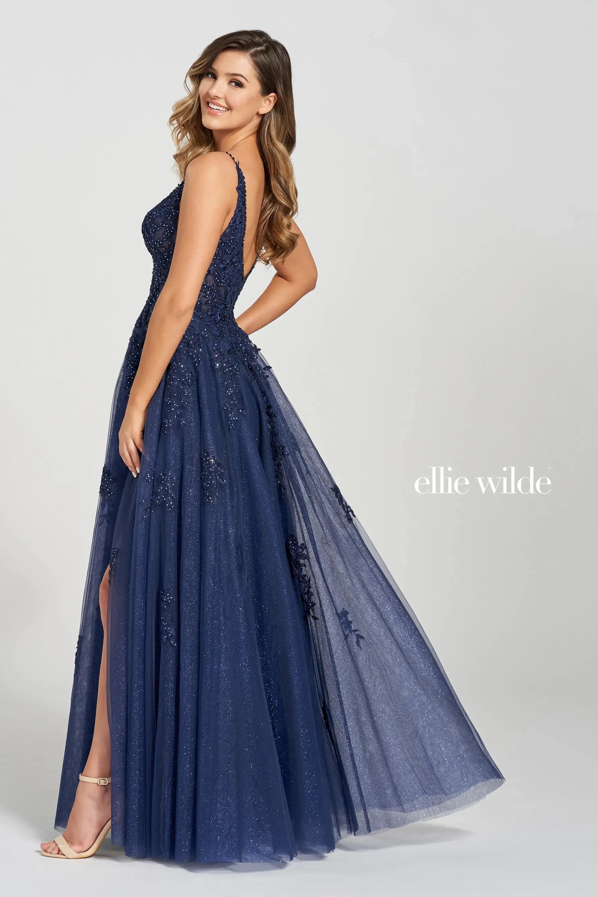 Prom Dresses Long A Line Formal Glitter Slit Prom Dress Navy Blue