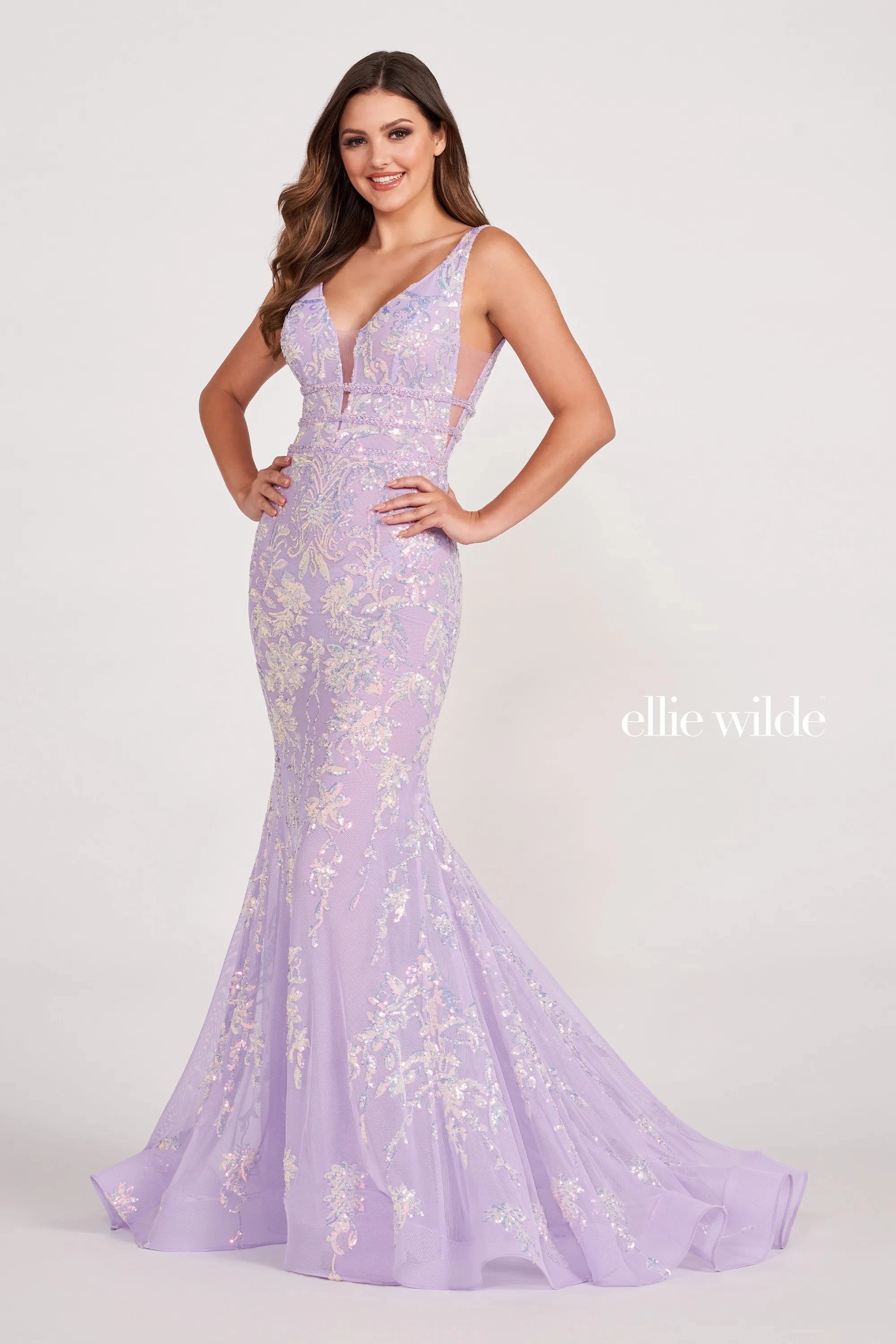 Lilac Ellie Wilde EW34041 Beaded Prom Dress Long Fitted Formal Gown