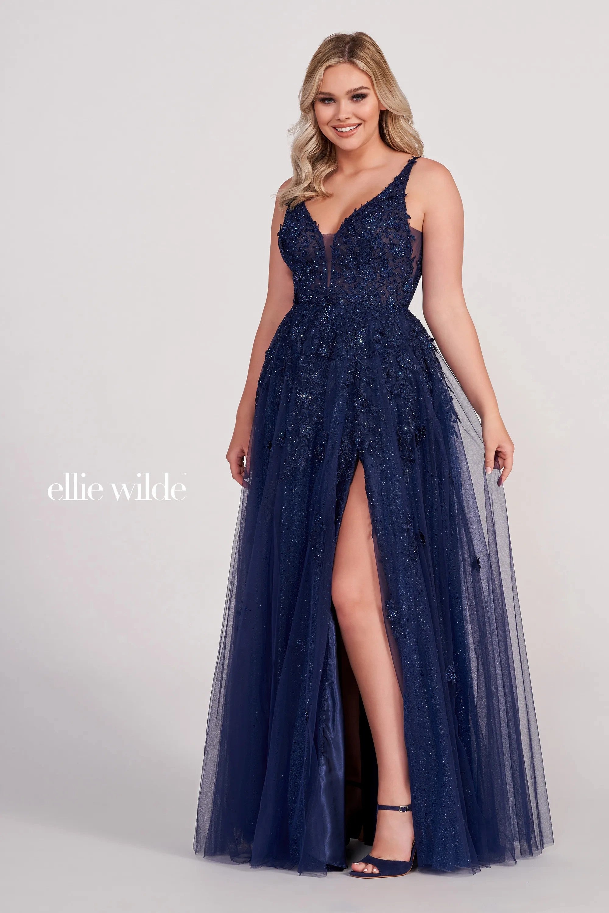 Navy Blue Ellie Wilde EW34103 Formal Long Prom A Line Dress