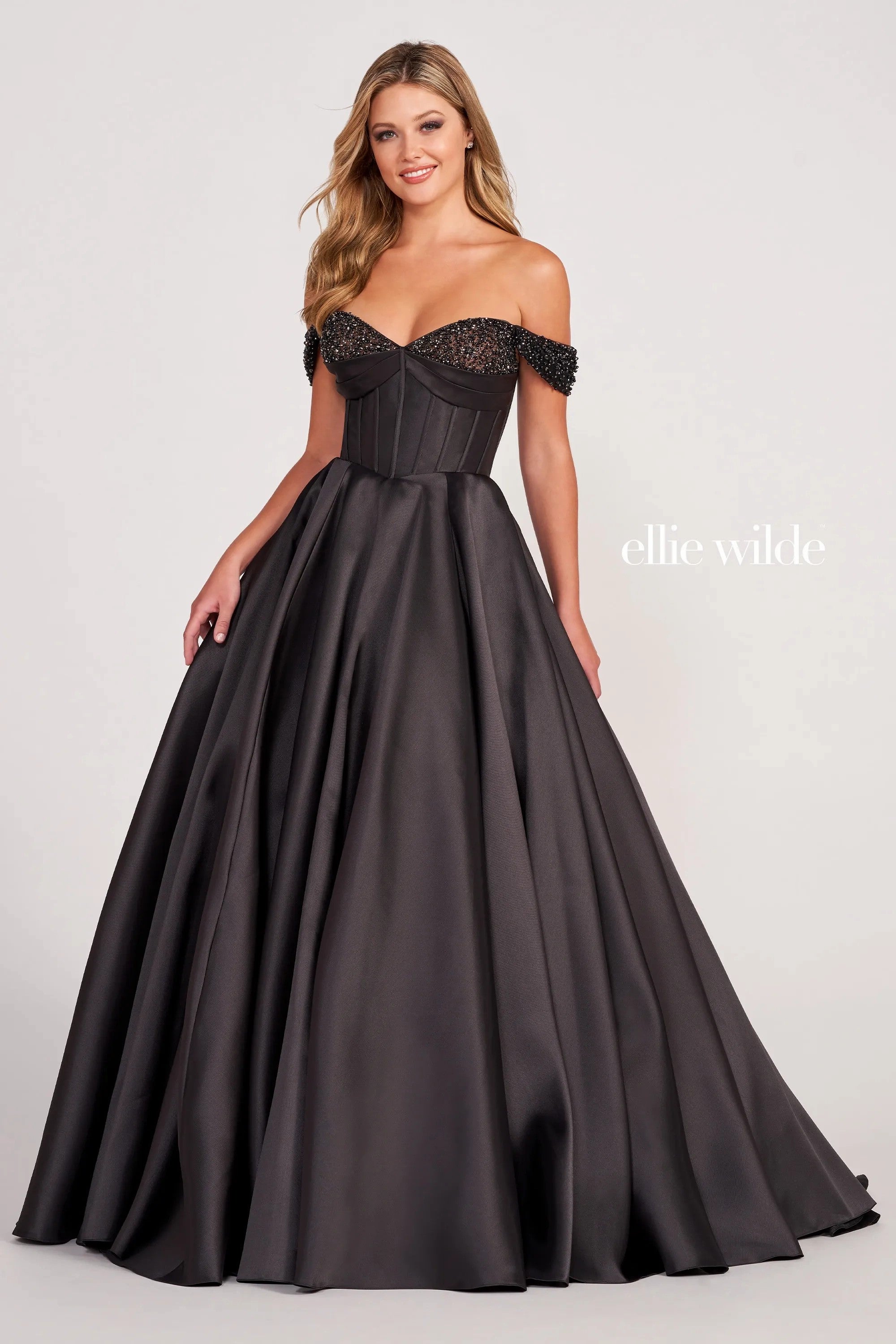 Black Ellie Wilde EW34118 Long Formal A Line Prom Dress