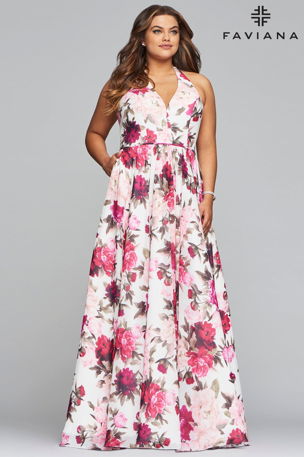Faviana Floral Lace-Up Plus Size Evening Dress FA9468 - The Dress Outlet