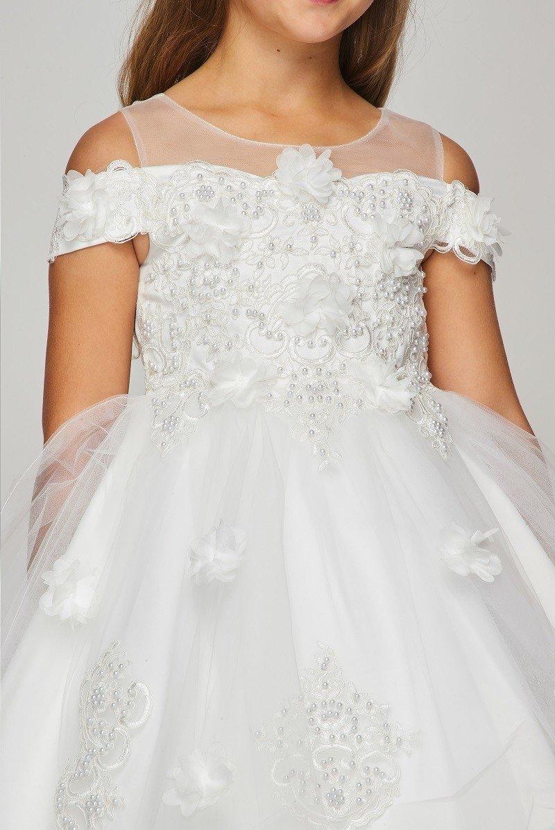 Floral Off Shoulder High Low Flower Girl Dress - The Dress Outlet