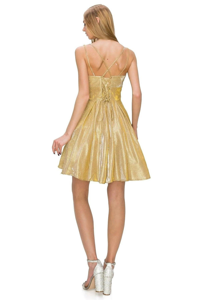 Cocktail Dresses Prom Short Spaghetti Strap Metallic Glitter Dress Gold