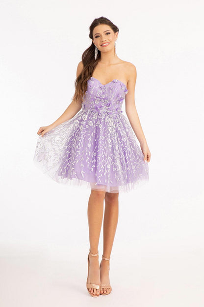 Homecoming Strapless Floral Applique Short Dress - The Dress Outlet