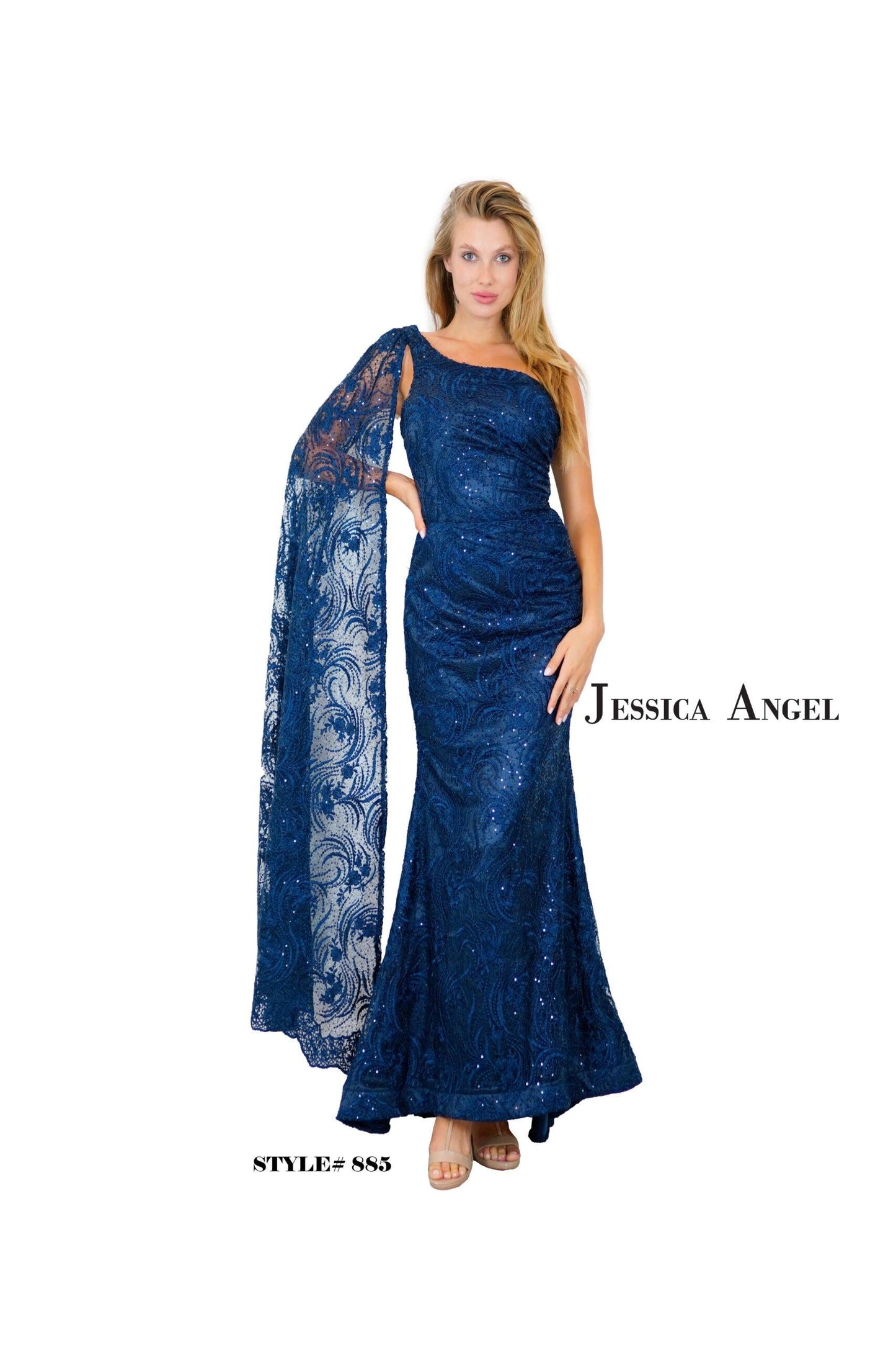 Jessica Angel Long Formal One Shoulder Lace Gown 885 - The Dress Outlet