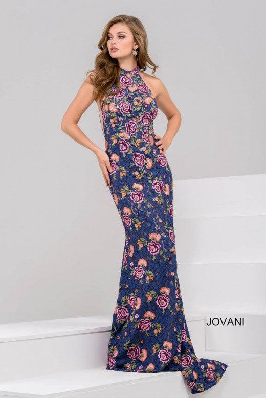 Jovani Long Formal Floral Print Halter Dress 50655 - The Dress Outlet
