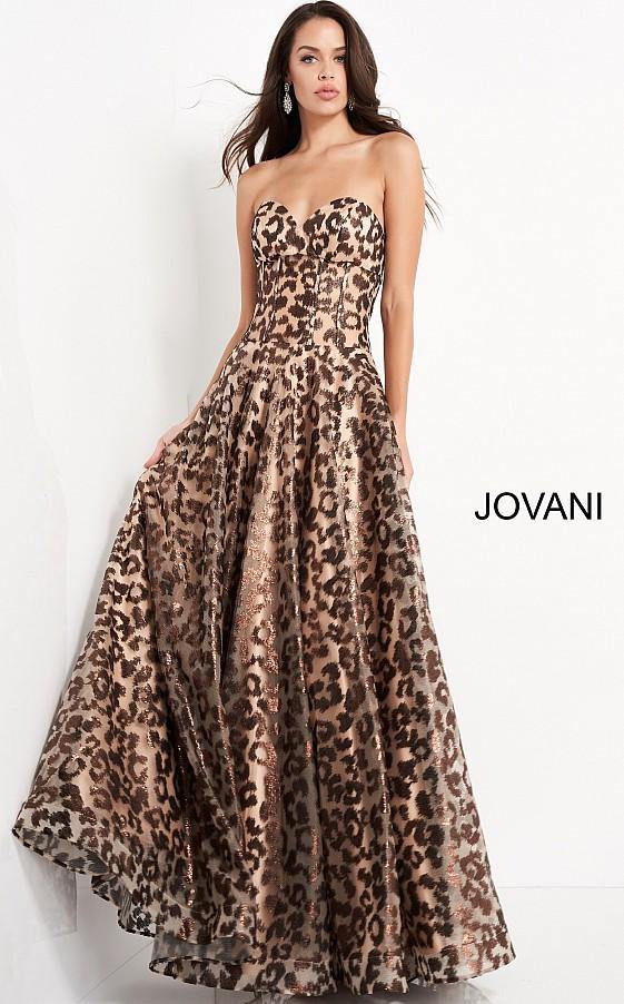 Coffee Jovani 04697 Long Formal Strapless Animal Print Gown
