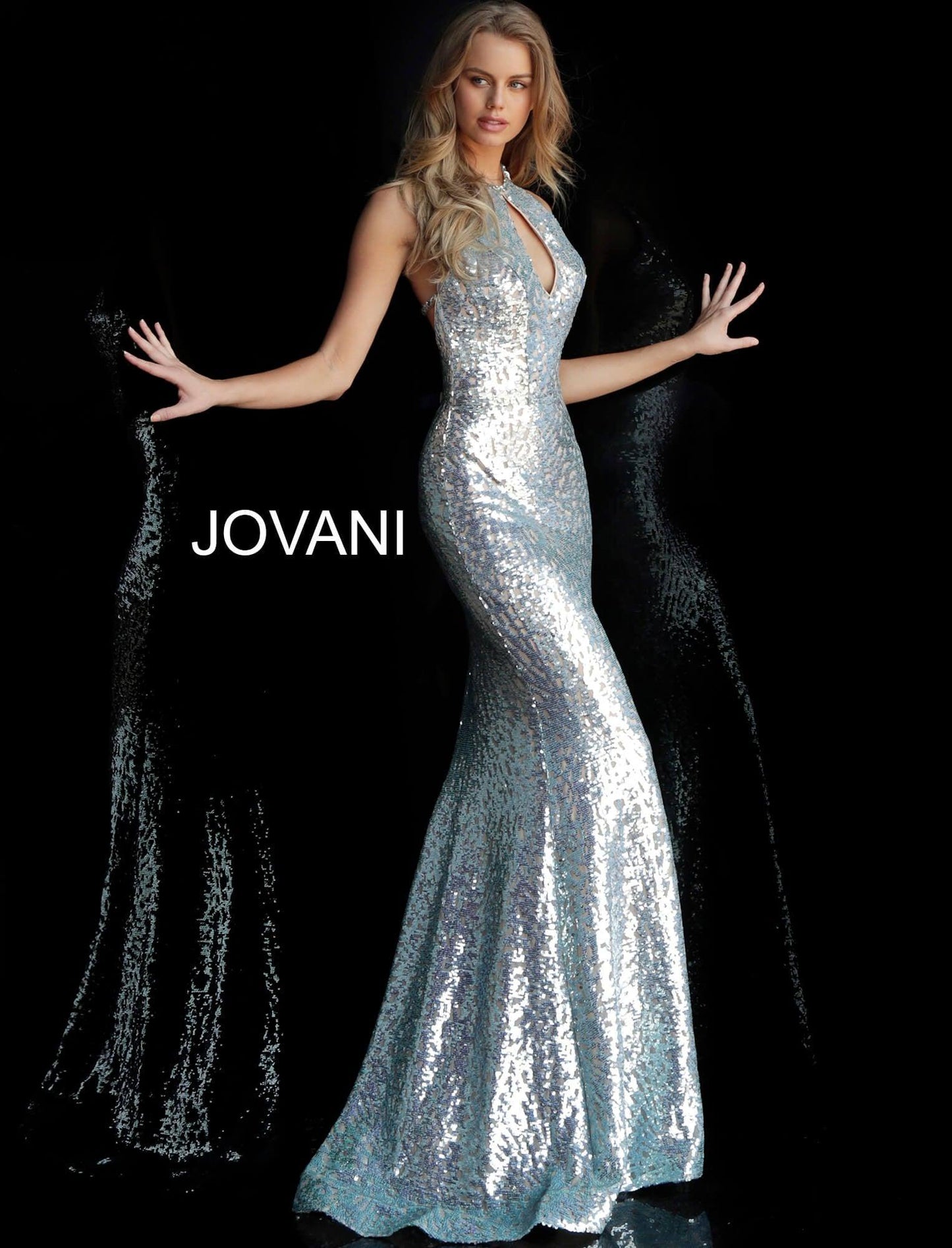 Jovani Long Halter Sequined Prom Gown 64182 - The Dress Outlet