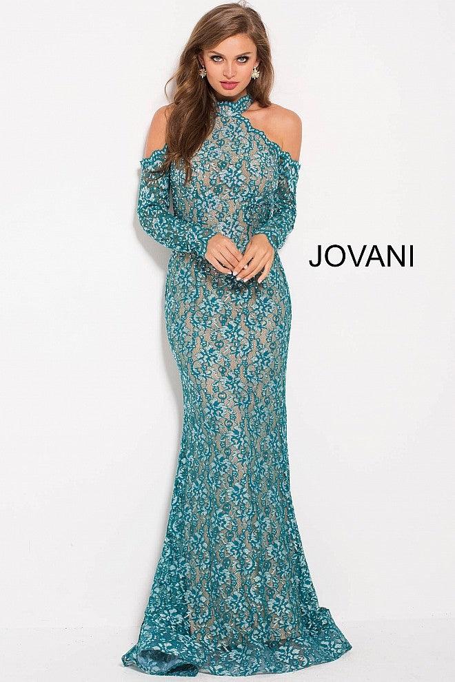 Teal Cold Sleeves Gown Teal Jovani 58376 Long Sleeve Cold-Shoulder