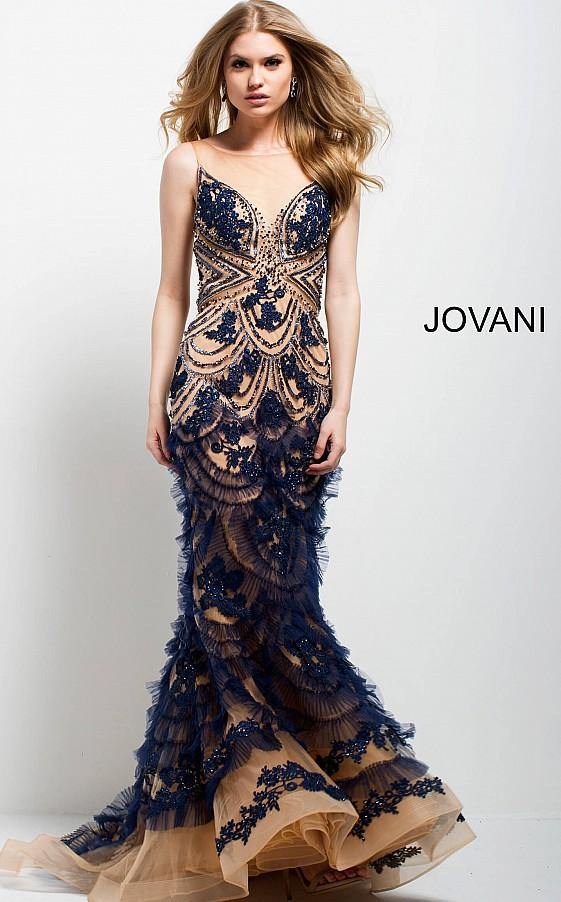 Navy/Nude Jovani 41592 Prom Long Sleeveless Mermaid Dress Formal