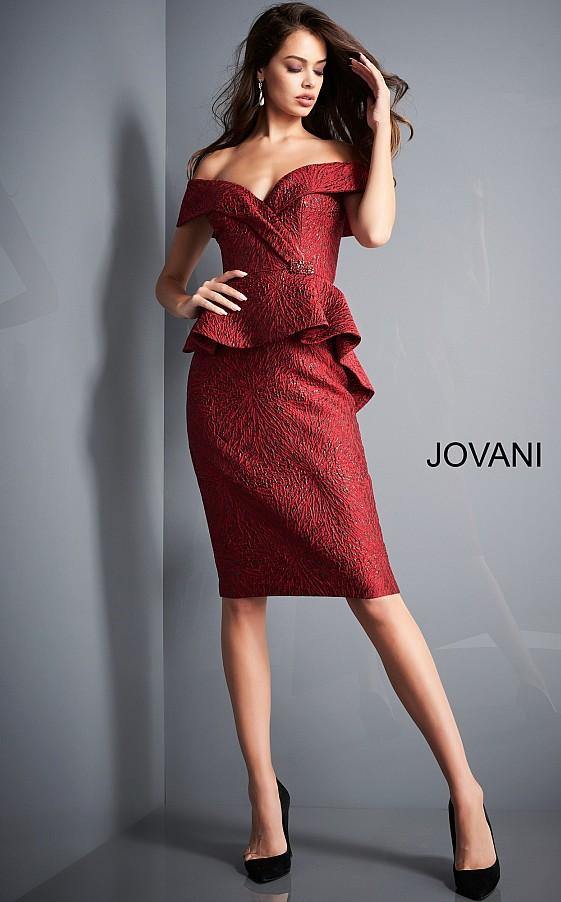 Burgundy Jovani 04157 Short Off the Shoulder Cocktail Dress