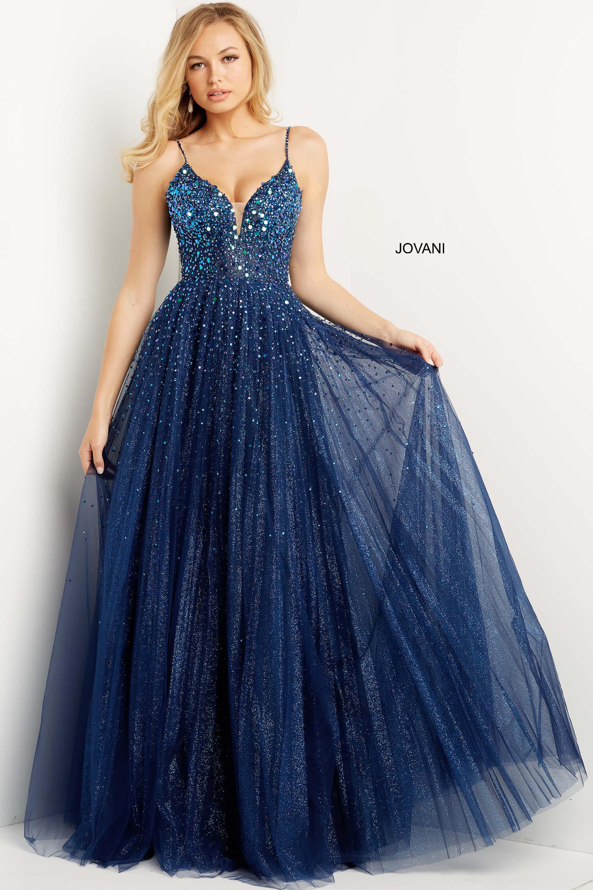 Navy Jovani 08408 Spaghetti Strap Long Prom Dress for 550.0 The Dress Outlet