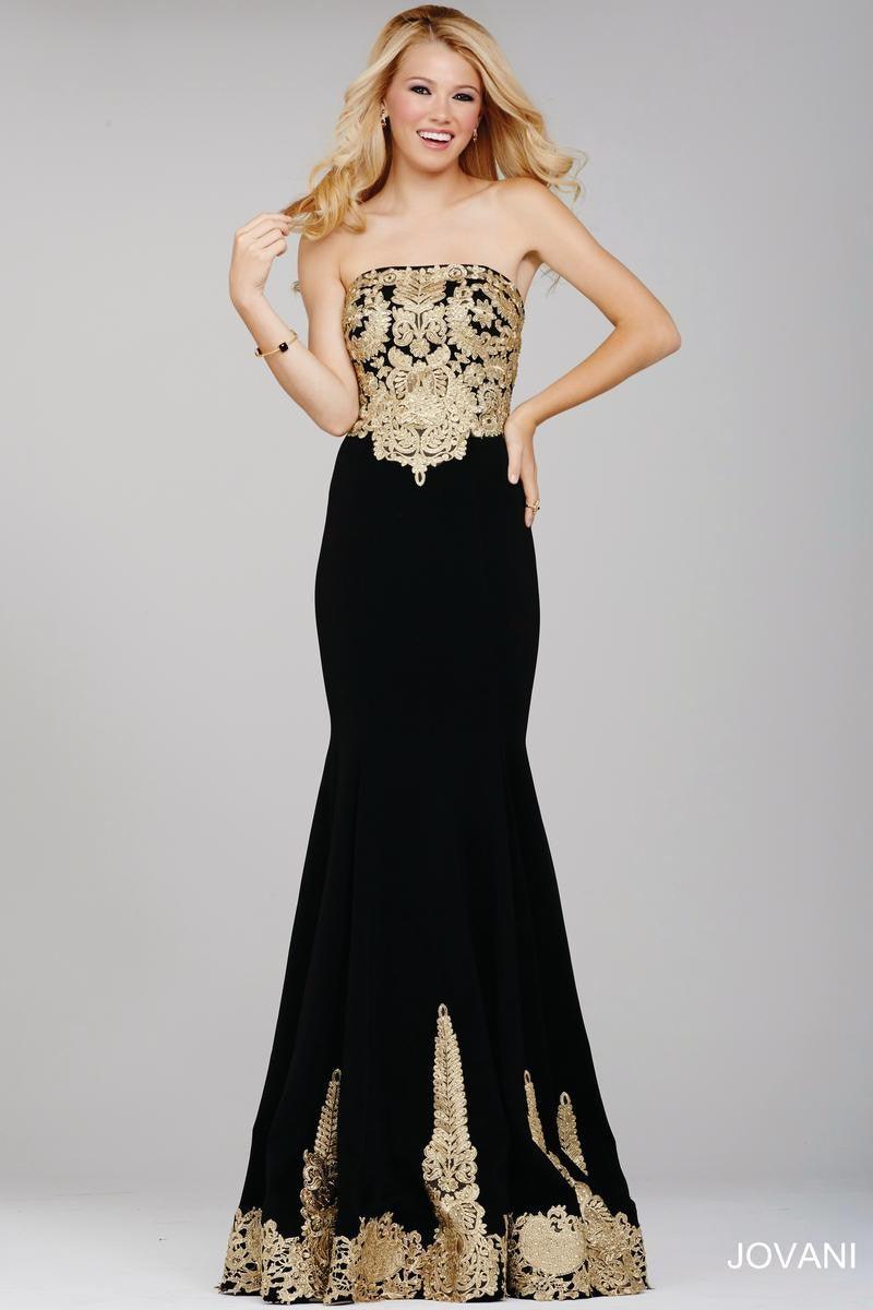 Black/Gold Jovani 33169 Strapless Formal Long Prom Gown