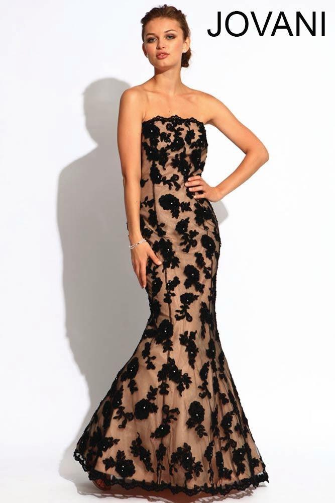 Robe De Promo/soirée Jovani Sans Bretelles Noir Et Nude - Taille 0, Détails Strass, Style Bandage
