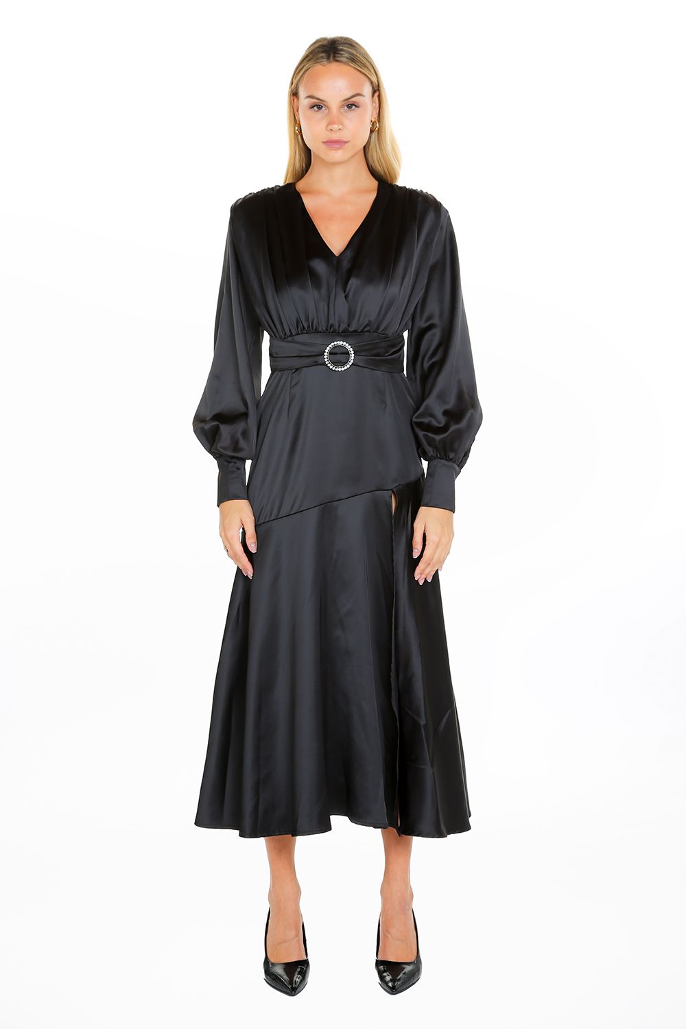 Black Long Sleeve Satin V Neck Maxi Dress