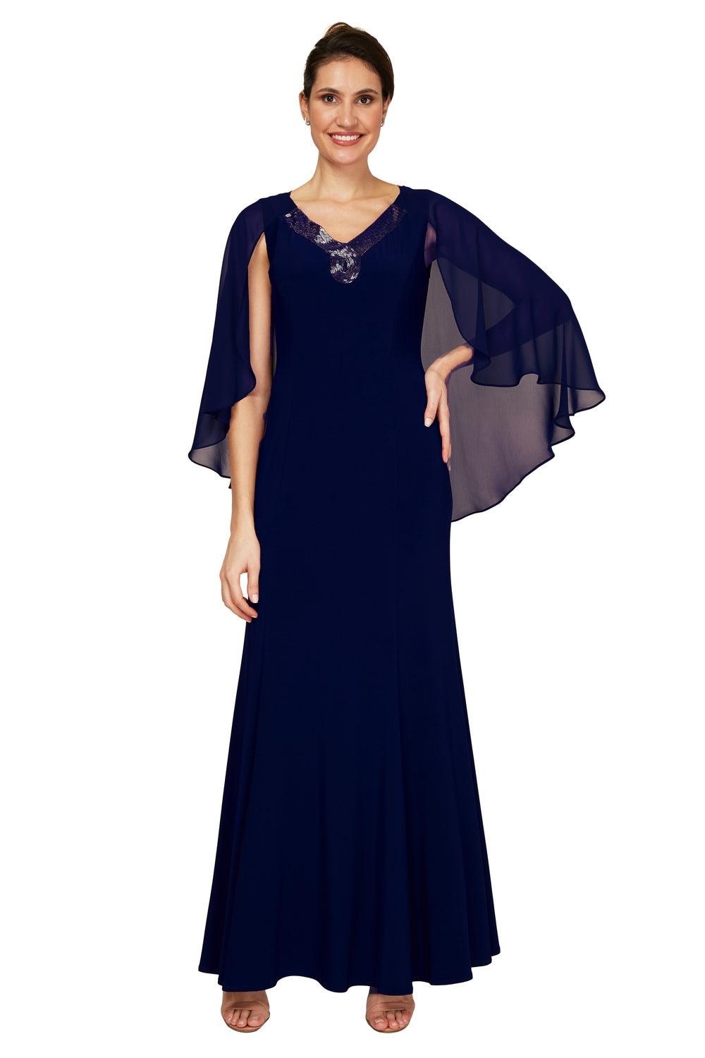 Navy Le Bos Plus Size Lon Cape Chiffon Dress 29539 for 139.99 The Dress Outlet