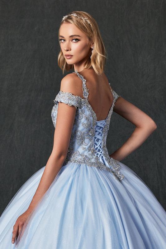 Long Ball Gown Off Shoulder Beaded Quinceanera Dress - The Dress Outlet