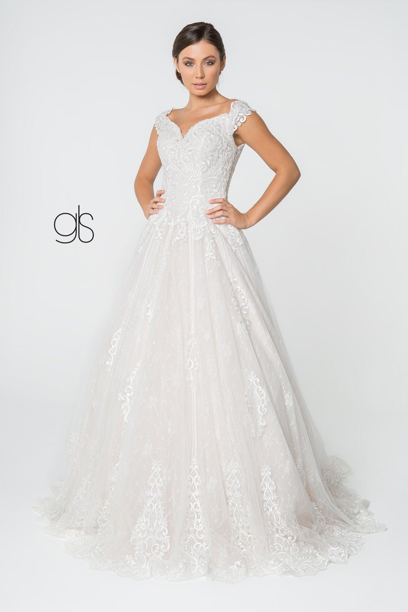 Ivory/Cream Long Bridal Gown Cap Sleeve Wedding Dress