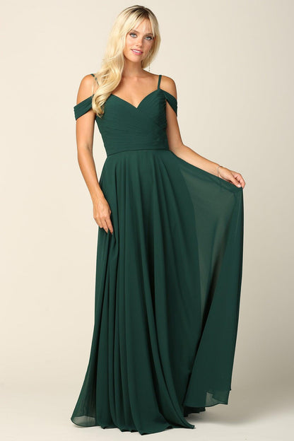 Long Bridesmaids Pleated Off Shoulder Chiffon Gown - The Dress Outlet
