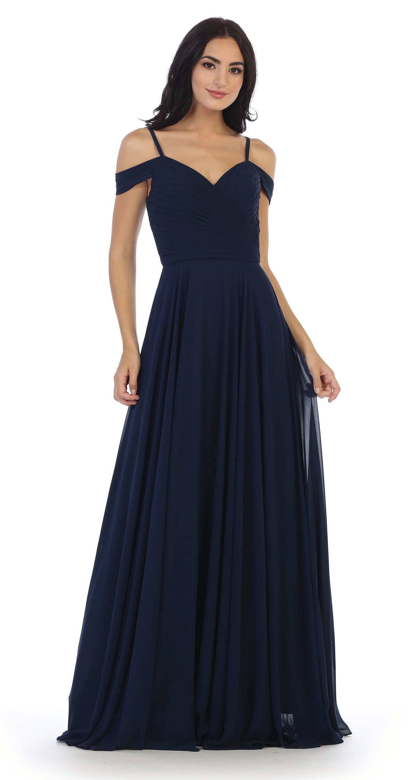 Long Bridesmaids Pleated Off Shoulder Chiffon Gown - The Dress Outlet