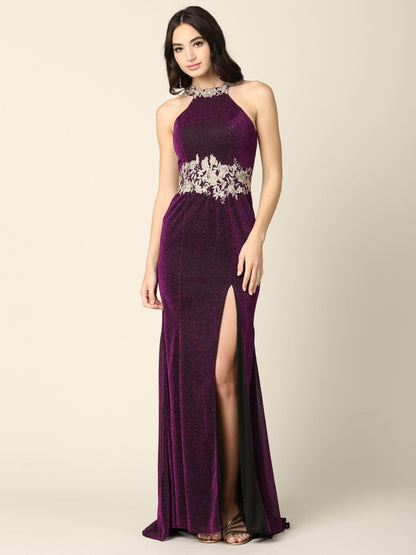 Long Formal Fitted Halter Metallic Prom Dress - The Dress Outlet