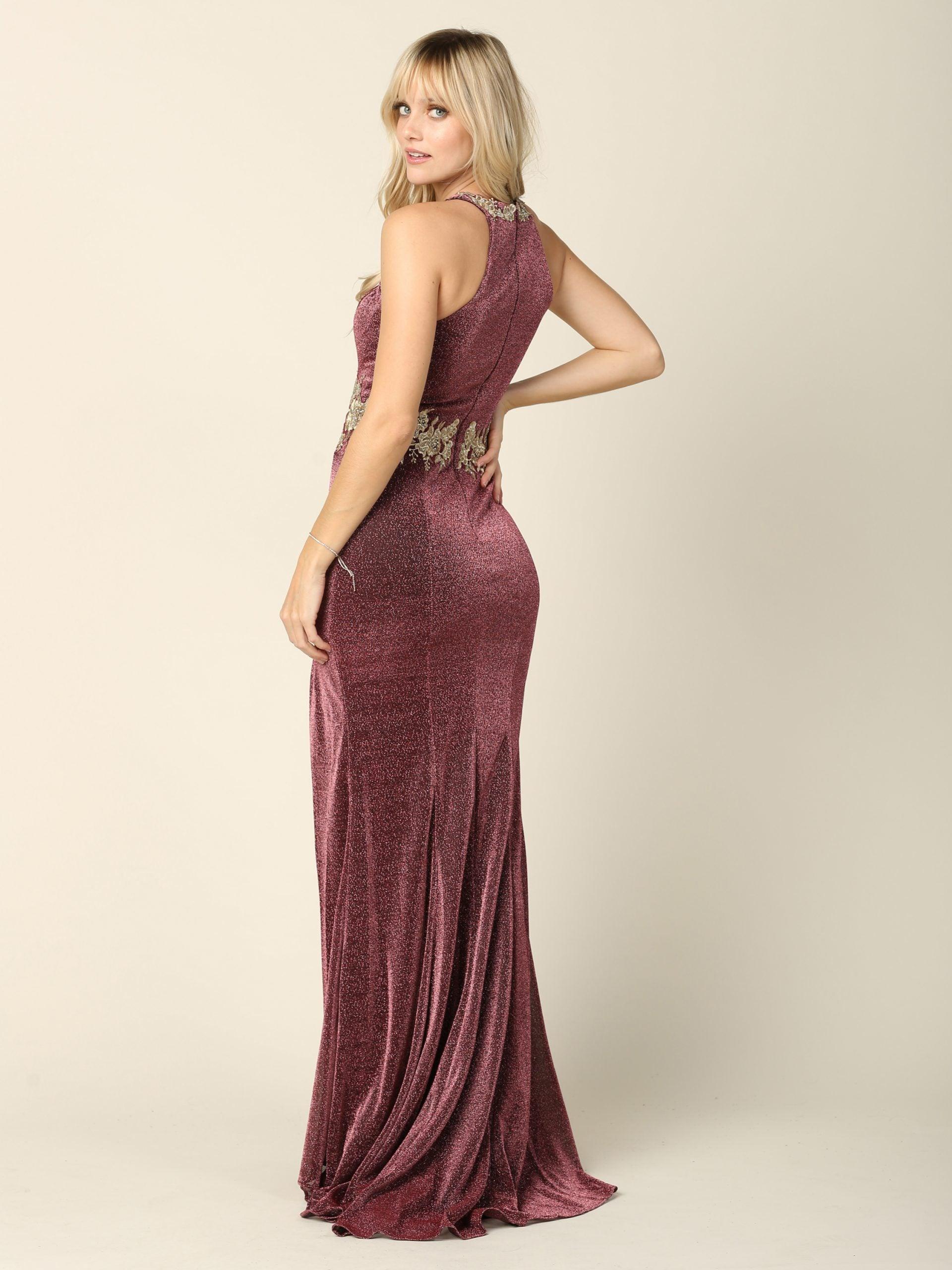 Long Formal Fitted Halter Metallic Prom Dress - The Dress Outlet