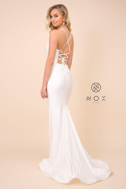 Long Formal Fitted Spaghetti Strap Wedding Dress - The Dress Outlet