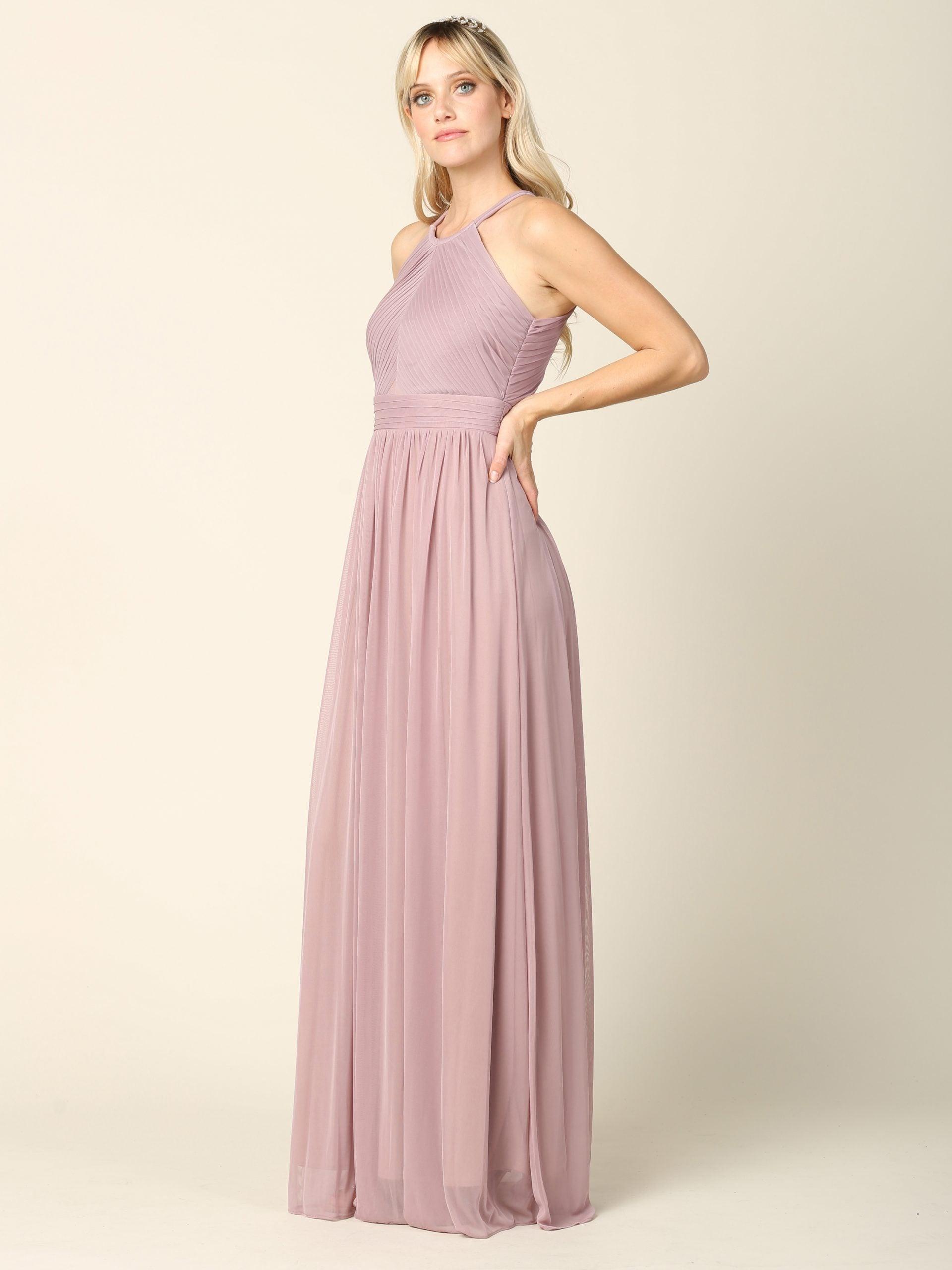 Long Halter Bridesmaids Pleated Dress