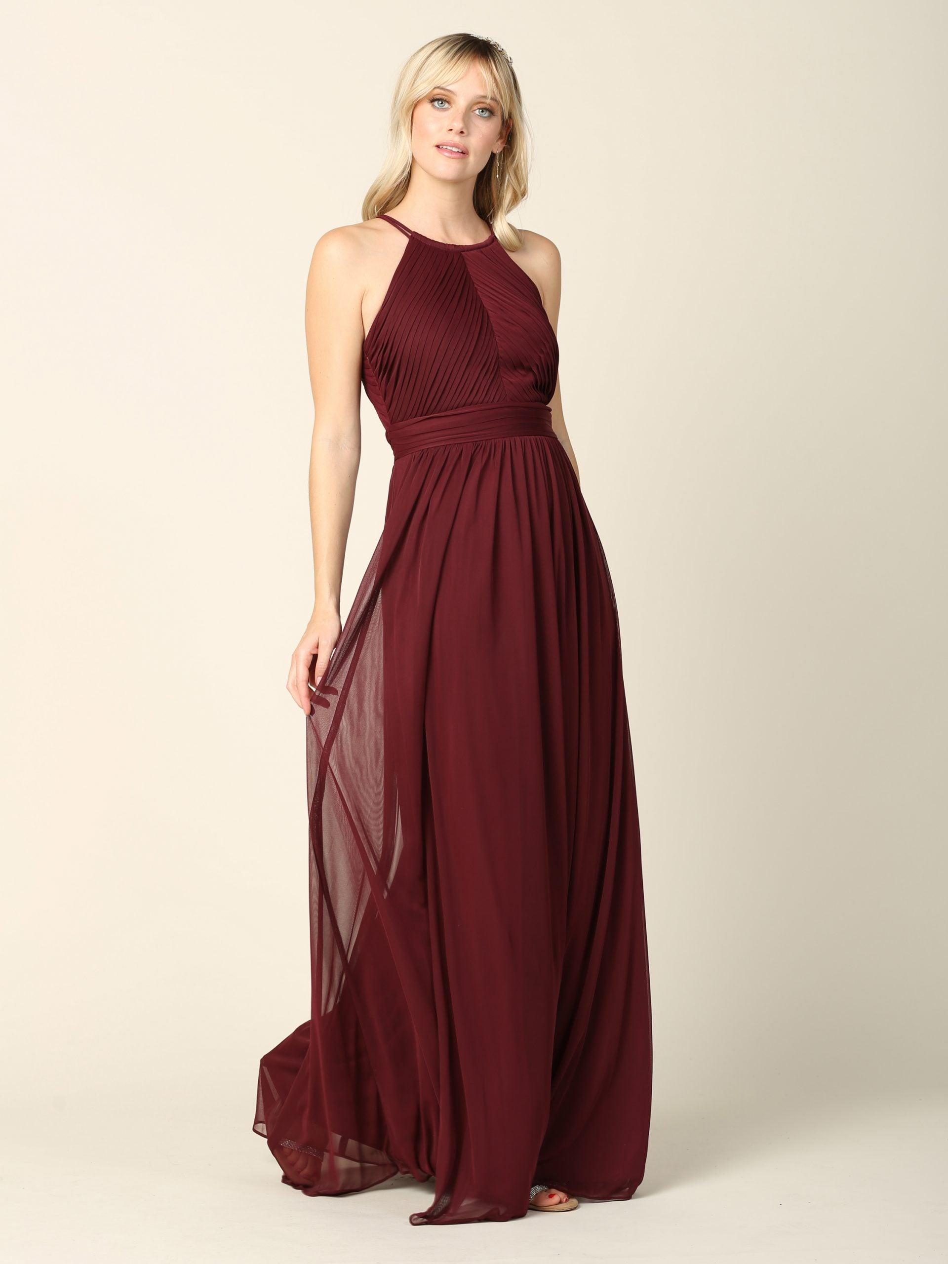 Long Halter Bridesmaids Pleated Dress