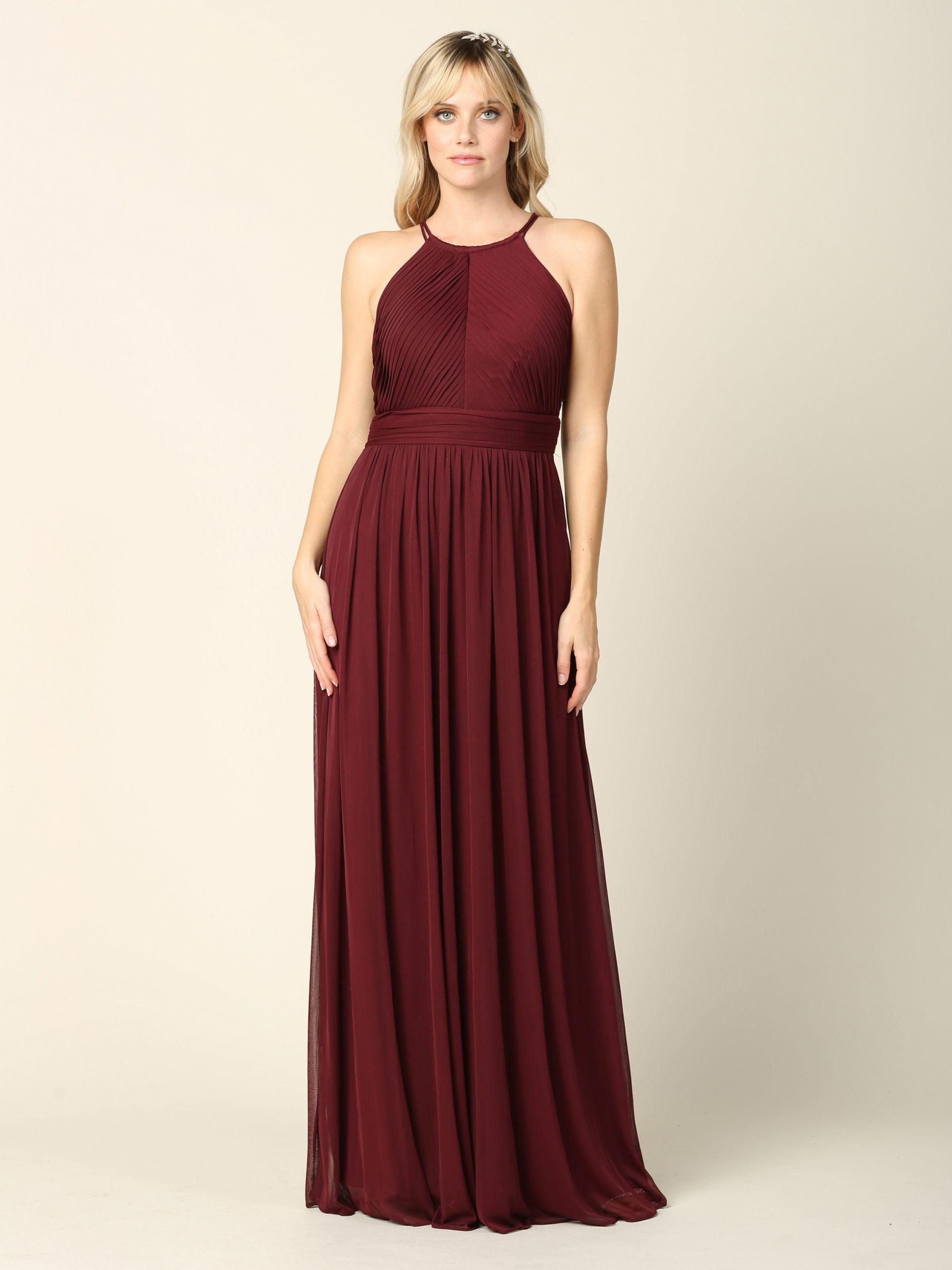 Long Halter Bridesmaids Pleated Dress