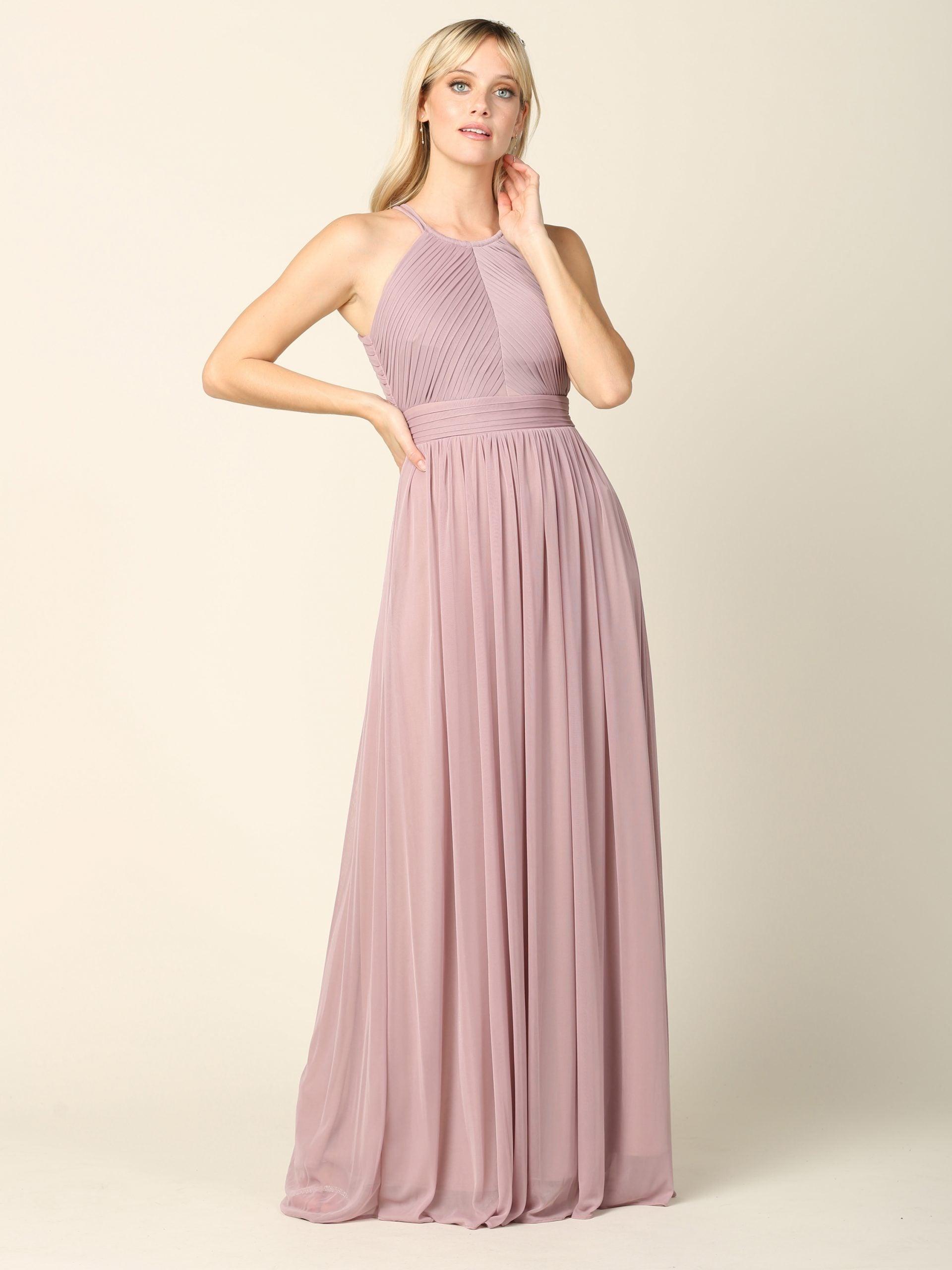 Long Halter Bridesmaids Pleated Dress