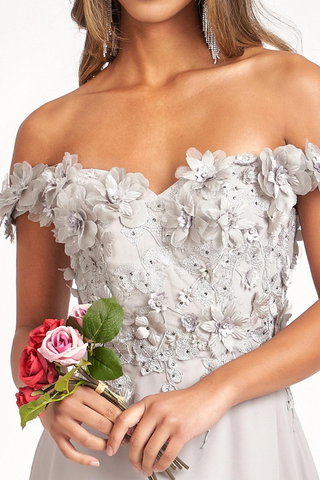 Long Off Shoulder Formal Chiffon Prom Gown Silver