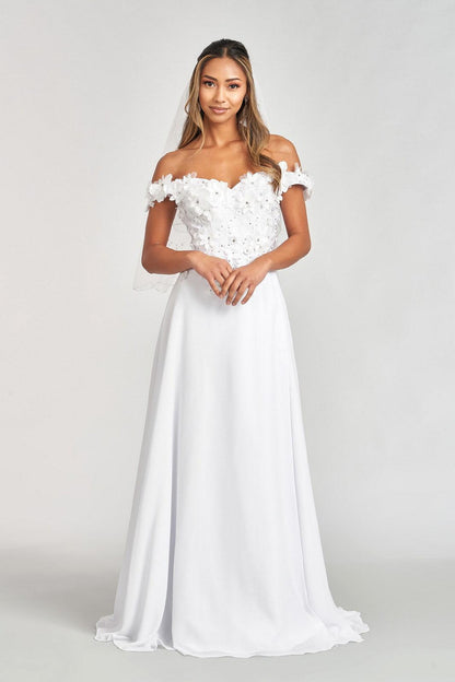 Long Off Shoulder Formal Chiffon Prom Gown White