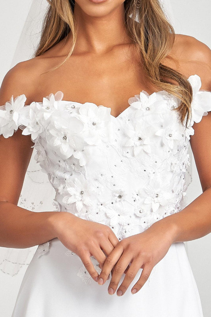 Long Off Shoulder Formal Chiffon Prom Gown White