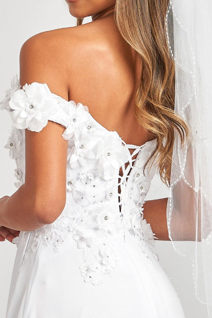 Long Off Shoulder Formal Chiffon Prom Gown White