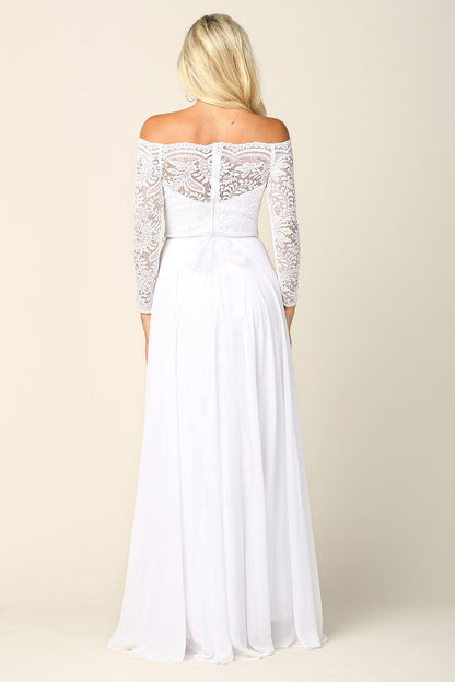 Long Off Shoulder Lace Chiffon Wedding Dress - The Dress Outlet