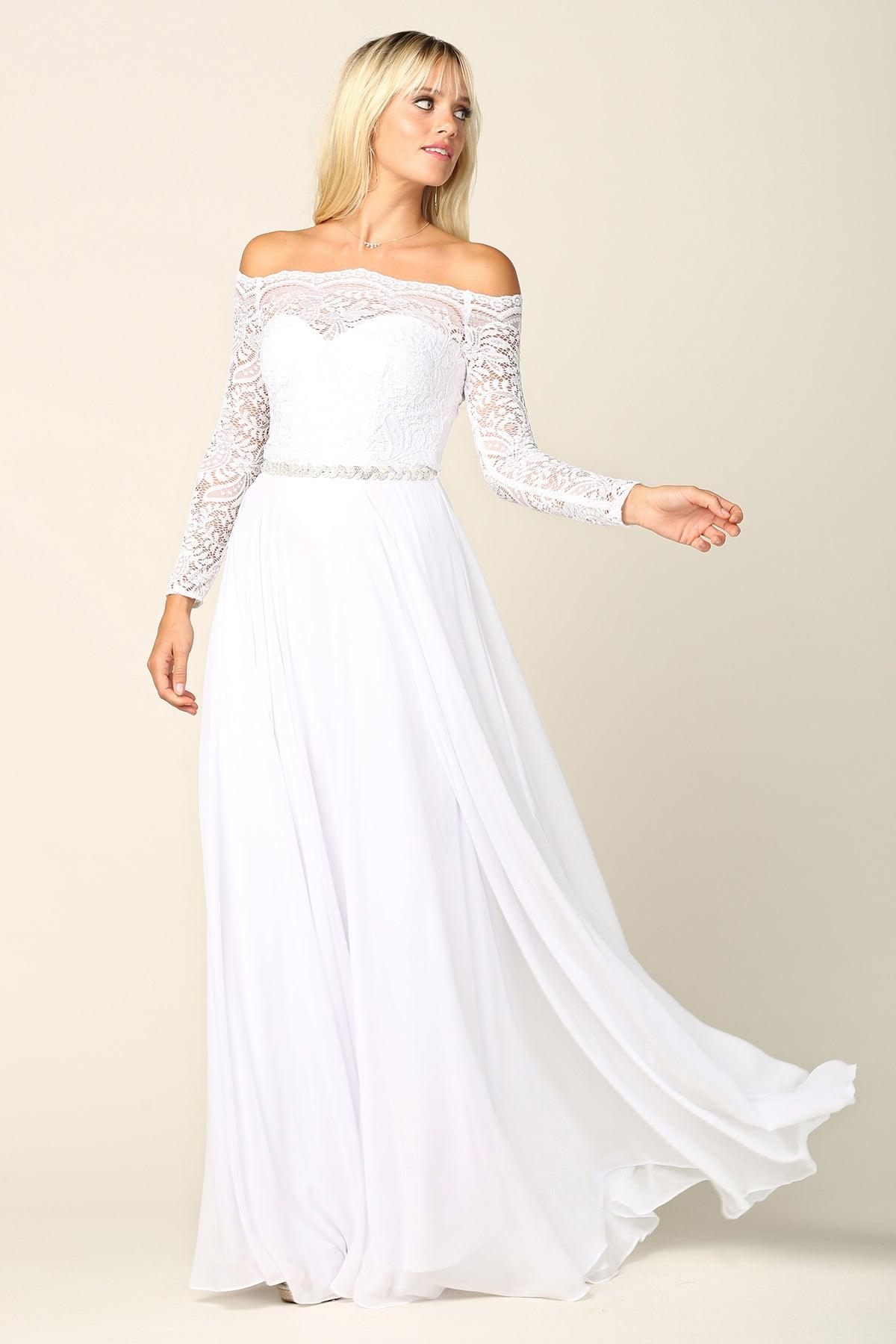 Long Off Shoulder Lace Chiffon Wedding Dress - The Dress Outlet