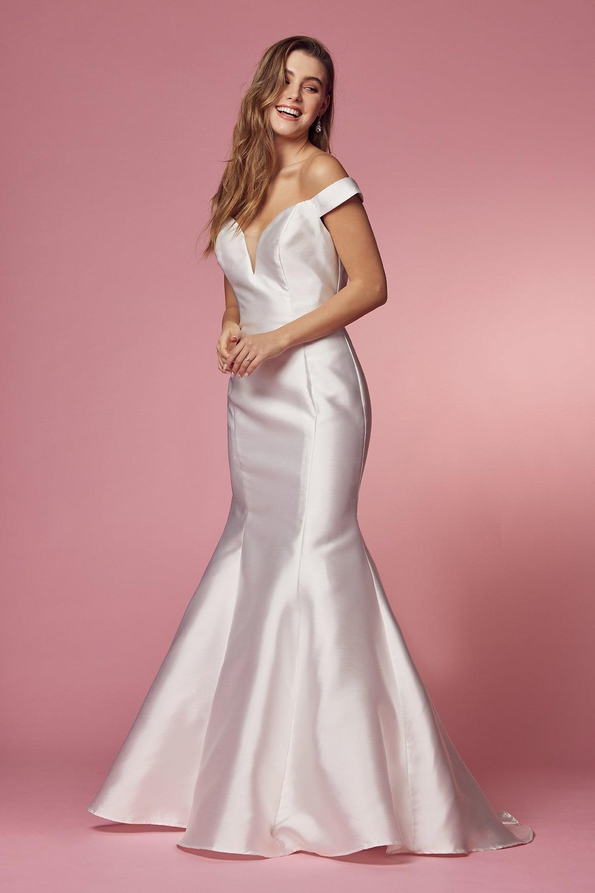 Long Off Shoulder Mermaid Wedding Dress - The Dress Outlet