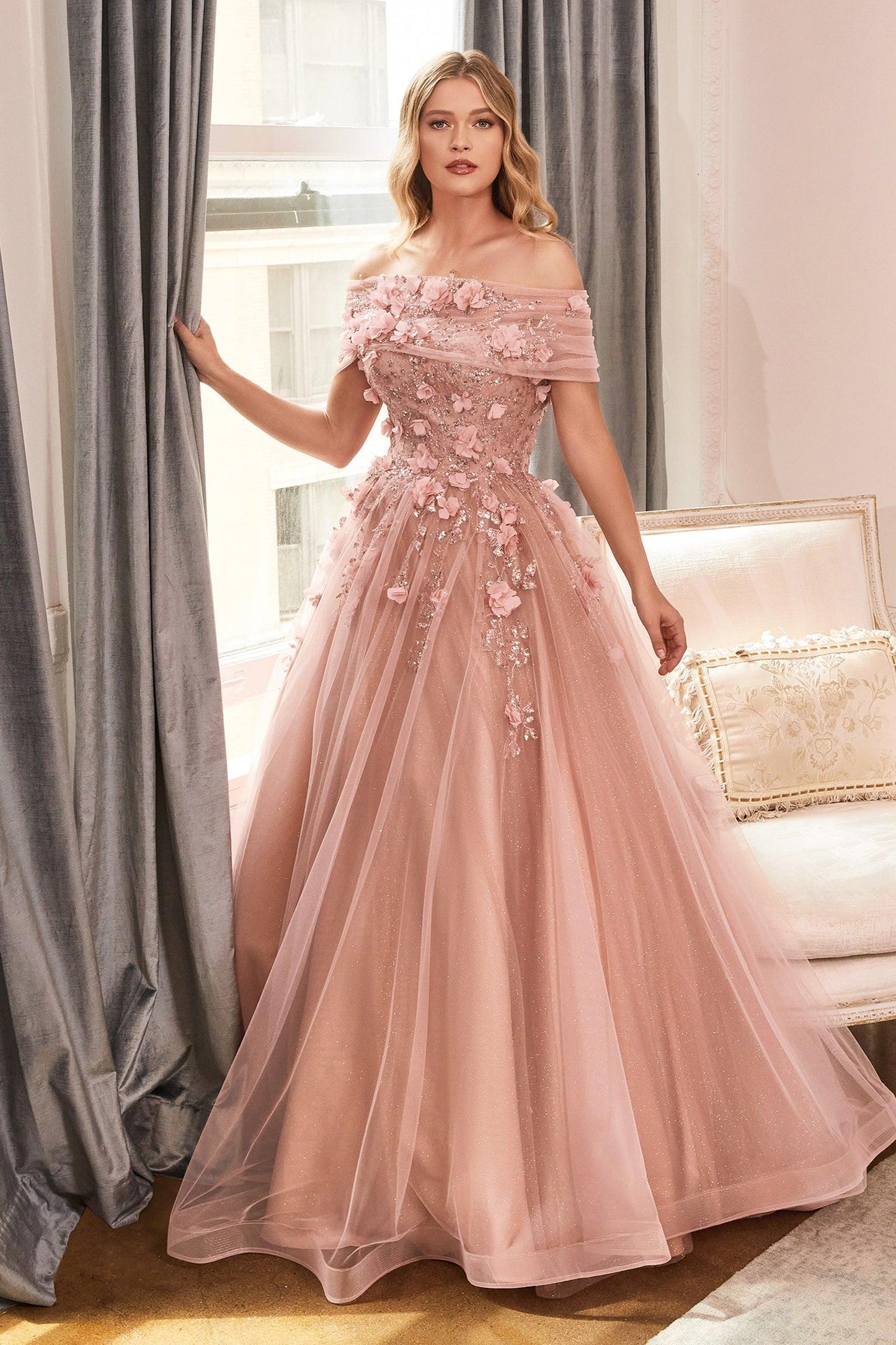 Long Off Shoulder Prom Gown Rose Gold