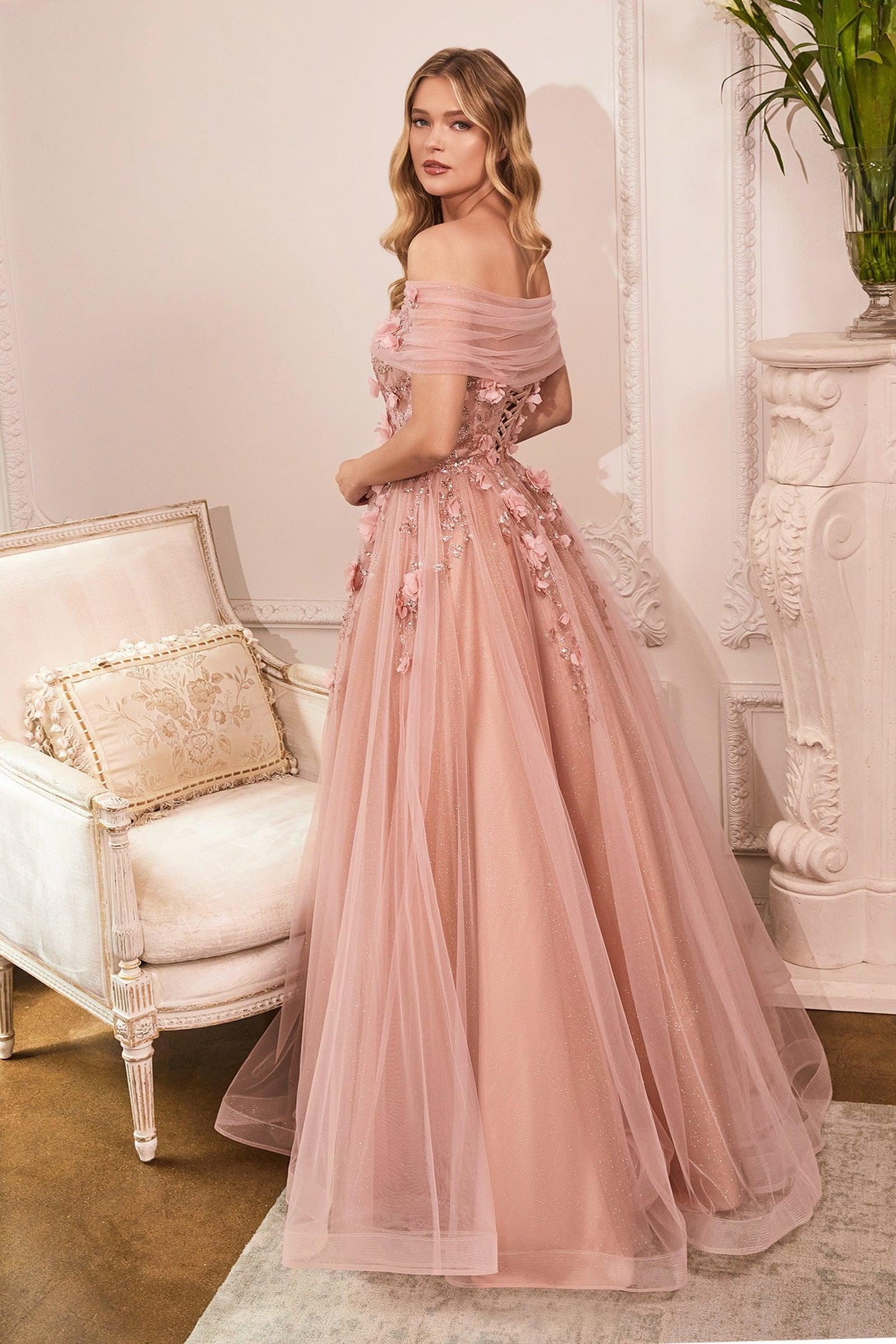 Long Off Shoulder Prom Gown Rose Gold