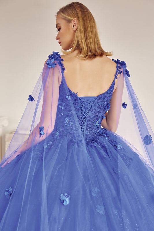 Long Quinceanera 3D Floral Cape Ball Gown - The Dress Outlet