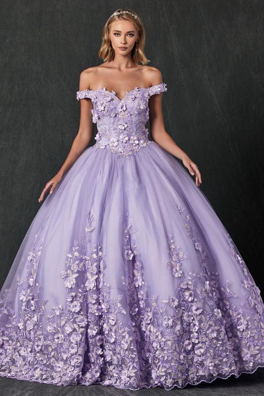 Long Quinceanera Off Shoulder Floral Ball Gown - The Dress Outlet