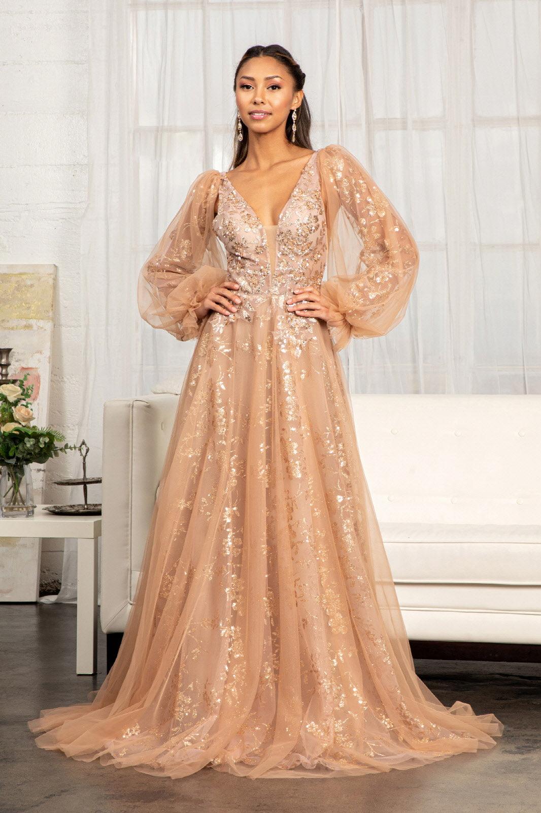 Sienna Long Sleeve Formal Glitter Evening Prom Dress for