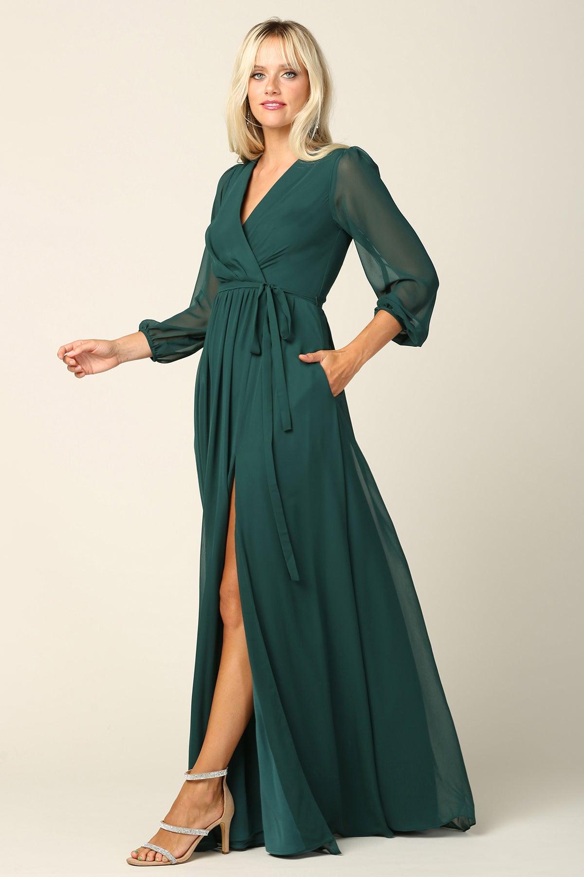 Long Sleeve Formal A Line Dress Hunter Green
