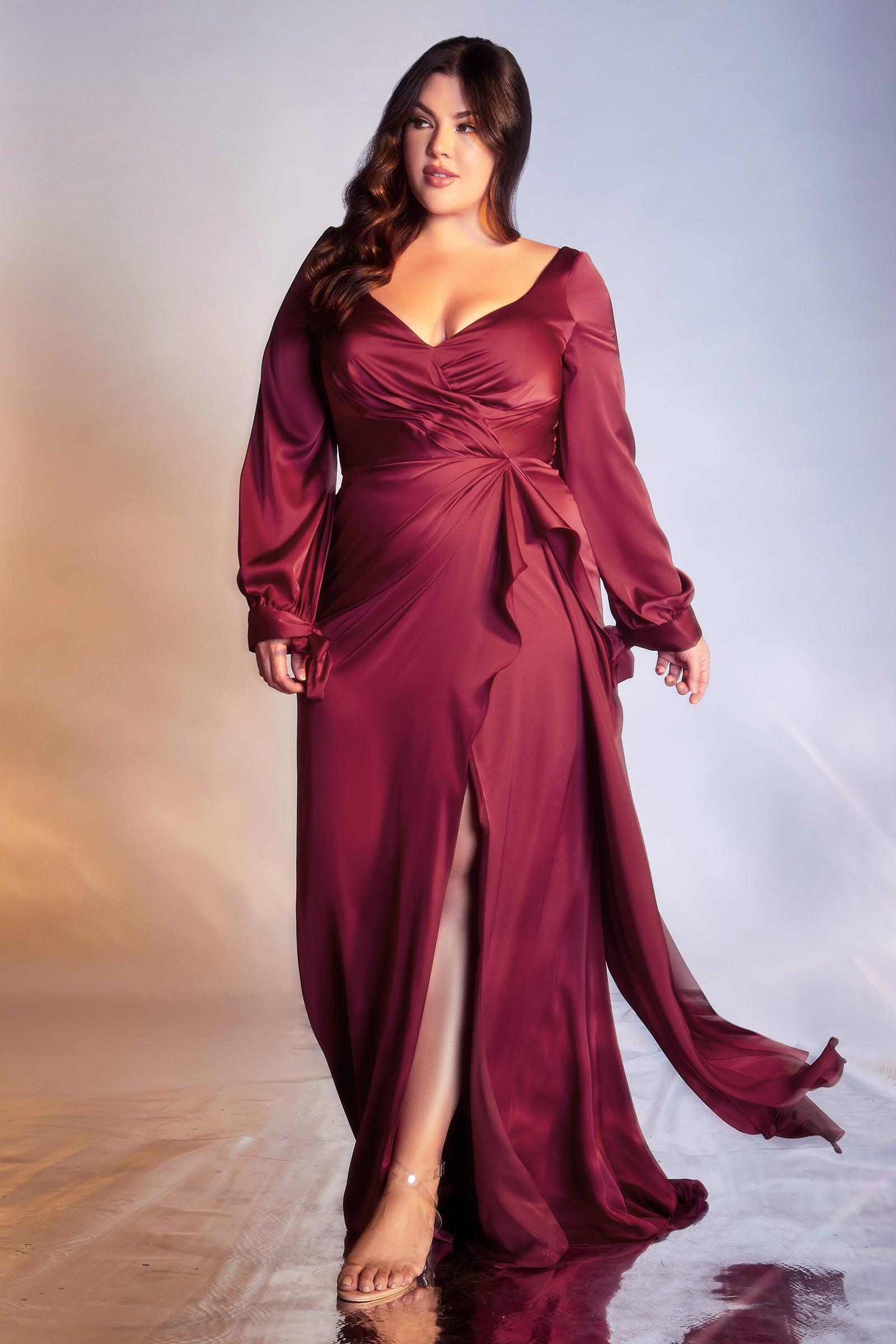 Long Sleeve Plus Size Evening Gown Burgundy
