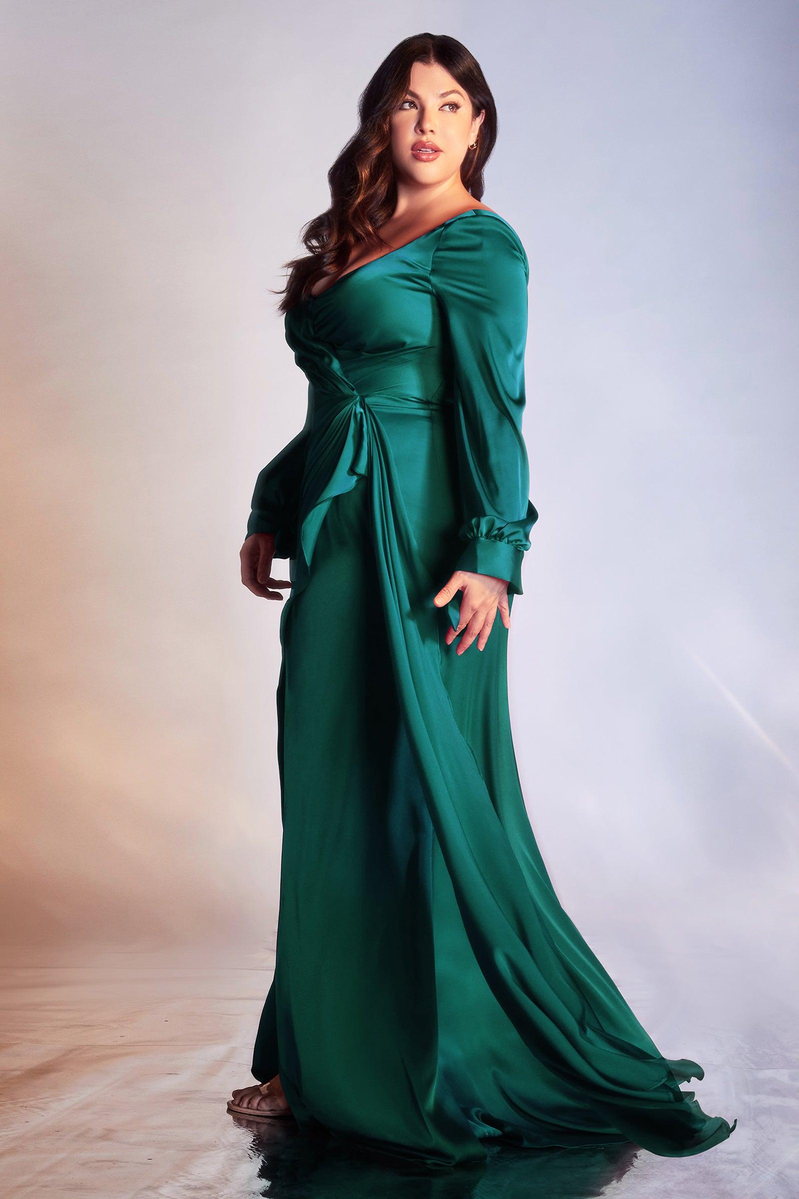 Long Sleeve Plus Size Evening Gown Emerald